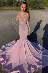 Vestidos de fiesta de sirena con escote halter, escote corazón, cuentas, sin mangas y hasta el suelo
